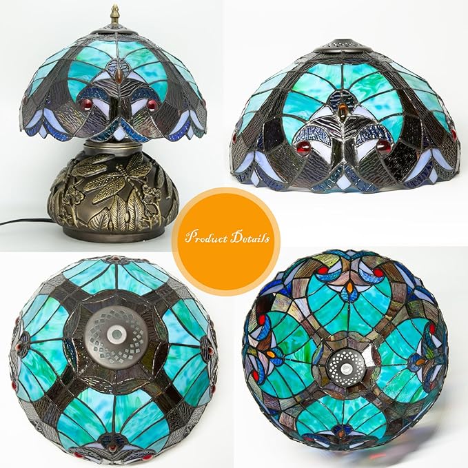 Tiffany Style Table Lamp Dragonfly, Small Stained Glass Lamp for Bedside, Bedroom, Nightstand, Living Room, 12 Inch Mini Vintage Mushroom Desk Lights Included E26 LED with Remote Control