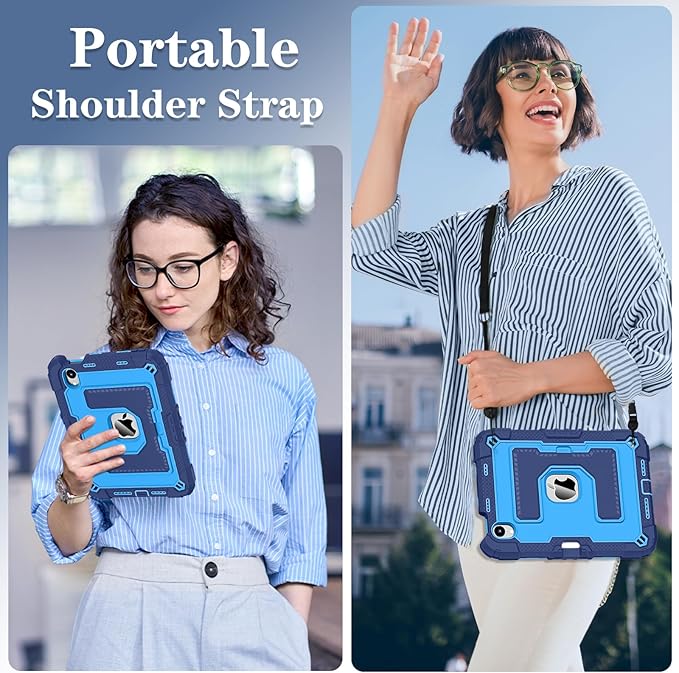 Kids Friendly Case for Apple iPad mini 7 A17 Pro 2024/iPad Mini 6 2021 8.3 Inch 7th/6th Gen Case with Pencil Holder & Shoulder Strap, Shockproof Kickstand Hard Shell Protective Cover,Blue