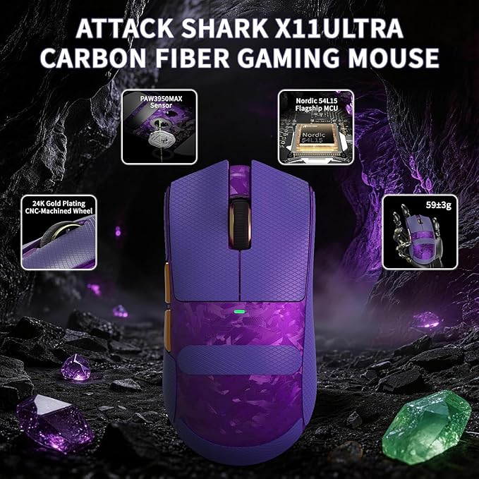 ATTACK SHARK X11Ultra 8K Carbon Fiber Wireless Gaming Mouse,Nordic 54L15 MCU,PAW3950MAX Sensor,59g Superlight,42000 DPI,BT/2.4Ghz/Wired Mouse with 100 Million Clicks,Programmable for Pc/Mac,Purple pro