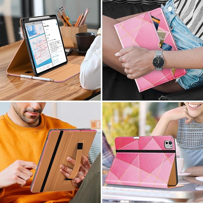 DTTO for iPad Pro 13 inch Case (M5/M4) 2025/2024, Premium Leather Business Folio Stand Cover with Pencil Holder - Auto Wake/Sleep & Multiple Viewing Angles, Built in Hand Strap & Pocket, Polygons
