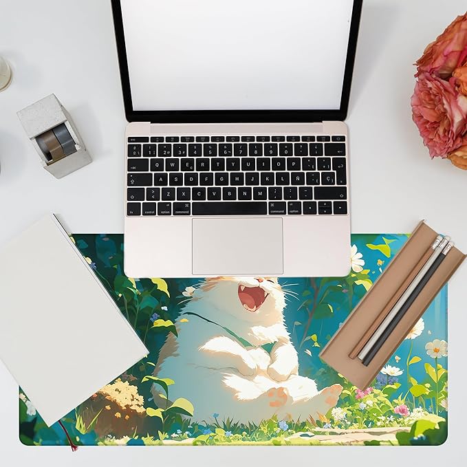 Desk Pad, Happy Fat Cat Desk Mat, Cute Anime Cat Large Gaming Mouse Pad for Desk, 31.5"x15.7" Extended Big Computer Keyboard Mouse Pad with Non-Slip Base and Stitched Edge