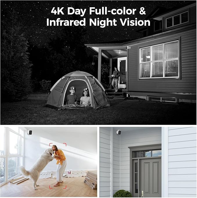 4K Security Cameras Wireless Outdoor, Battery Security Camera, 8MP Color Night Vision, No Monthly Fees, AI Detection, PIR Detection, Alexa & Google Assistant, Easy Setup, 2.4 GHz Wi-Fi, IP67