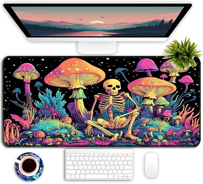 Simpkeely Large Gaming Mouse Pad XL - Blacklight Skull Mushroom Desk Mat, 31.5 x 11.8 Inch Extended Waterproof Keyboard Mousepad with Non-Slip Rubber Base for Gamers & Office Work