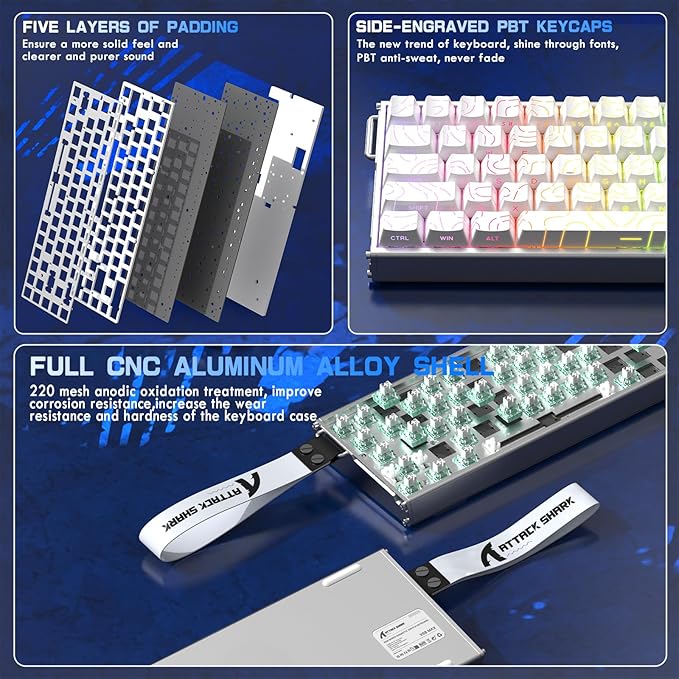 ATTACK SHARK X68MAX HE 60% Wired Magnetic Switch Keyboard,Full Aluminum CNC,0.005mm RT Accuracy,8KHz Rapid Trigger Mechanical Gaming Keyboard,Adjustable Actuation,RGB Coiled Cable for FPS Games,White