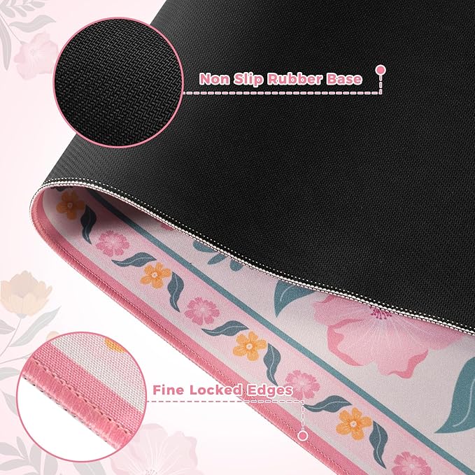 iLeadon Desk Protector Pad Mat Pink, Large Floral Mouse and Keyboard Pad with Smooth Lycra Surface, Long Full Desk Mouse Pad for Laptop, Gaming Desks Mat Cute for Office, Home (Pink)
