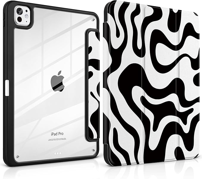 TWOLSKOO Case for iPad Pro 11-inch (M5 2025 / M4 2024), Clear Acrylic Back with TPU Bumper, Pencil Holder, Trifold Stand, Auto Sleep/Wake, Black Waves