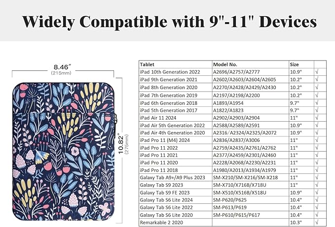 TiMOVO 9-11" Tablet Sleeve Bag for iPad 11-inch A16 2025, iPad 10.9"/10.2"| Air 11 Inch/5th/4th Gen. 10.9", Galaxy Tab A9+/A11Plus 11", Protective Bag Fit Smart Keyboard, Colorful Flower