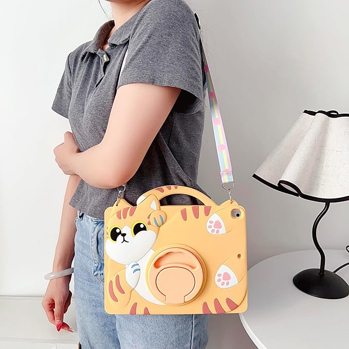 3D Cute Vivid Cat Case for iPad 10th Generation (2022) 10.9 inch/iPad (A16) 11th 2025 11 inch,Cartoon Character Pretty Cat Soft Silicone Rotating Stand Case with Lanyard for Kids Teens Girls Women