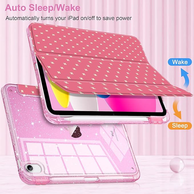 DONGKE for iPad Pro 11 inch Case – Fits M5 2025 / M4 2024, Shockproof Sparkling Glitter Acrylic Back, Pencil Holder, Trifold Stand, Auto Sleep/Wake & Touch ID Support - Dark Pink Cross Dot
