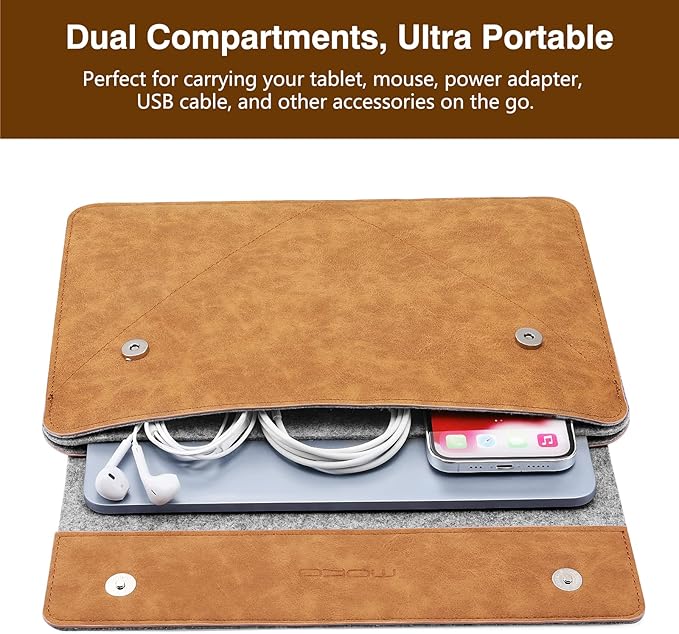 MoKo 9-11 Inch Felt Leather Tablet Sleeve Bag Carrying Case Fits New 11-inch iPad Air M2, New 11-inch iPad Pro M4 2024, iPad Air 5/4 10.9, iPad 9/8th Gen 10.2, iPad 10th Gen 10.9, Gray & Brown