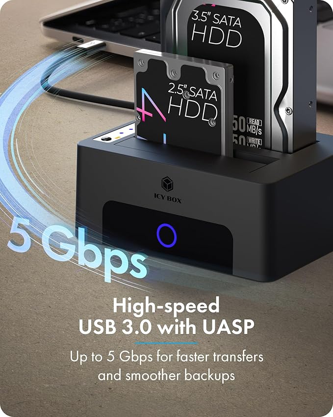 ICY BOX Hard Drive Docking Station Dual Bay USB 3.0 to SATA with Duplicator/Offline Clone Function External Hard Drive Dock for 2.5''/3.5'' HDD SSD Max Up to 60TB (30TB*2) Support UASP Plug&Play