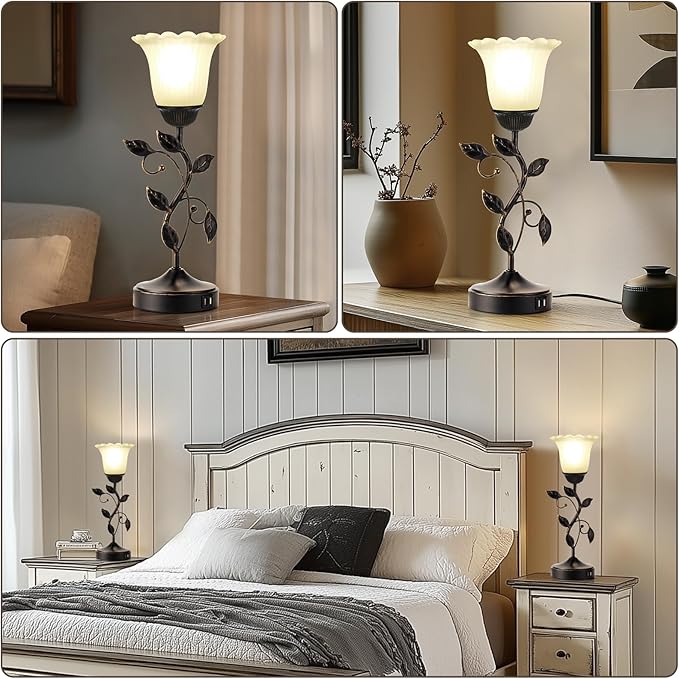 Set of 2 Touch Bedside Vintage Lamps with 2 USB Ports, 3-Way Dimmable Flower Lamps, White Glass Shade Rustic Leaf Lamp for Bedroom Side Table, LED Bulb Included