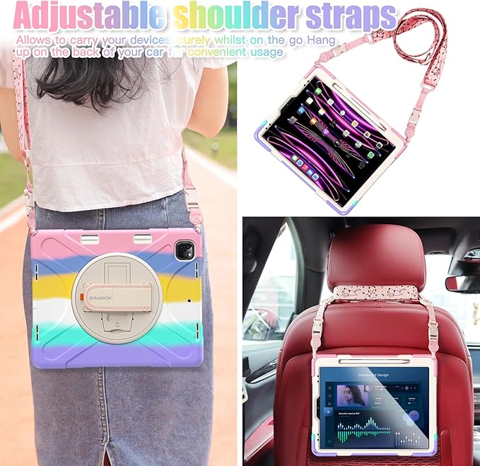 BRAECNstock Kids Case for Apple iPad Air 13 inch (M4/M3/M2)/ iPad Pro 12.9 inch 6th/5th/4th/3rd Gen, Shockproof Protective Case with Pencil Holder, 360° Rotating Hand Strap + Stand, Colorful Pink