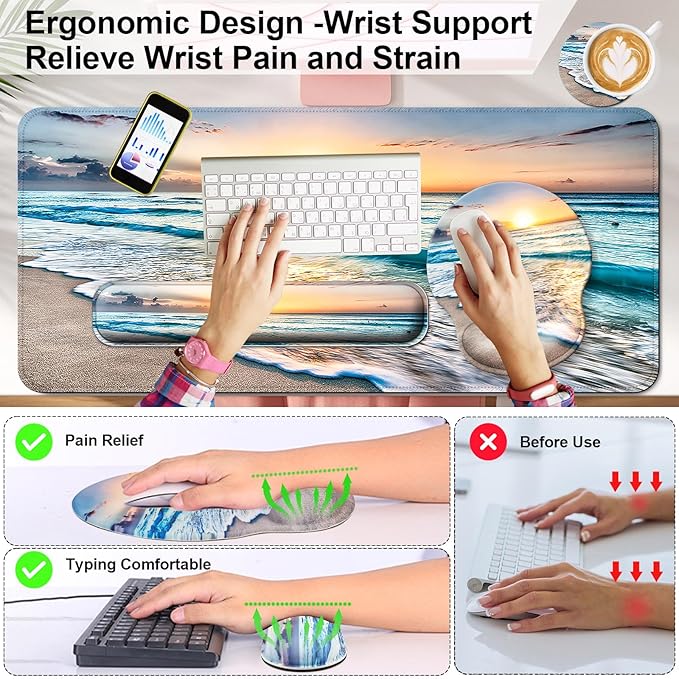 Mouse Pad + Desk Mat + Keyboard Wrist Rest + Coaster 4 in 1 Set, Cute Ergonomic Large Gaming Mousepad with Wrist Rest Support Desk Pad for Computer Laptop Office Home Decor-Beach