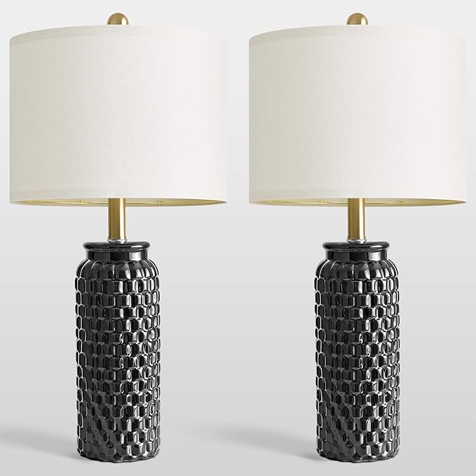 USumkky 24" Modern Ceramic Black Bedside Lamp Set of 2 Table Lamp for Bedroom Decor Farmhouse Table Lamp for Living Room Office Dorm