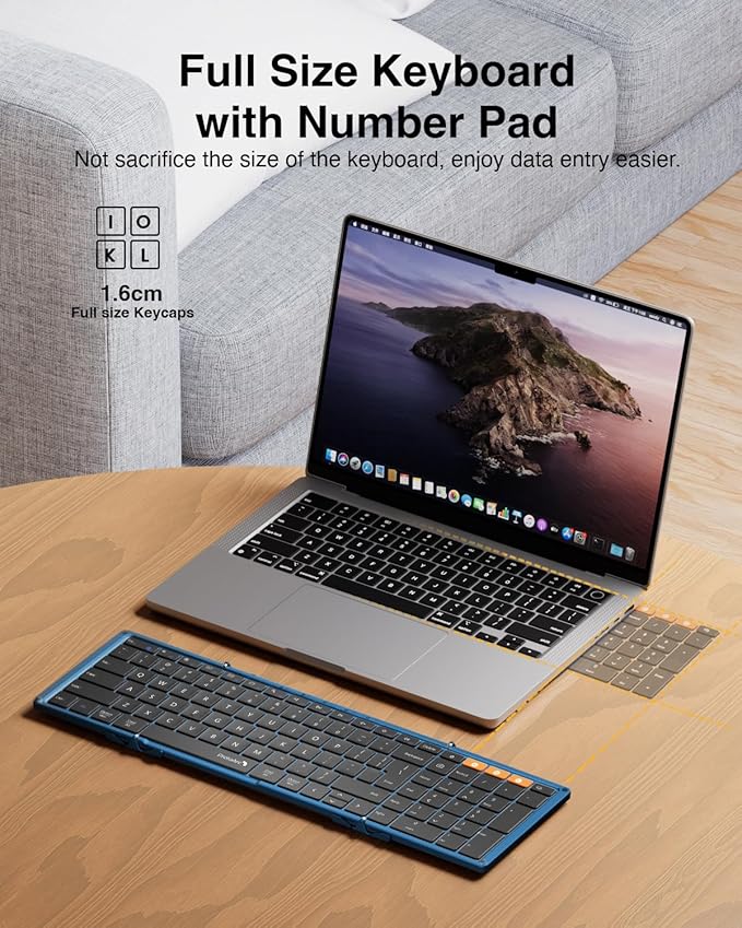 ProtoArc Foldable Bluetooth Keyboard, XK01 Full-Size Portable Wireless Keyboard for Travel, 105 Keys, 0.65" Keycaps, Multi-Device Sync for iPad Tablet Smartphone Laptop PC Windows iOS Android, Blue