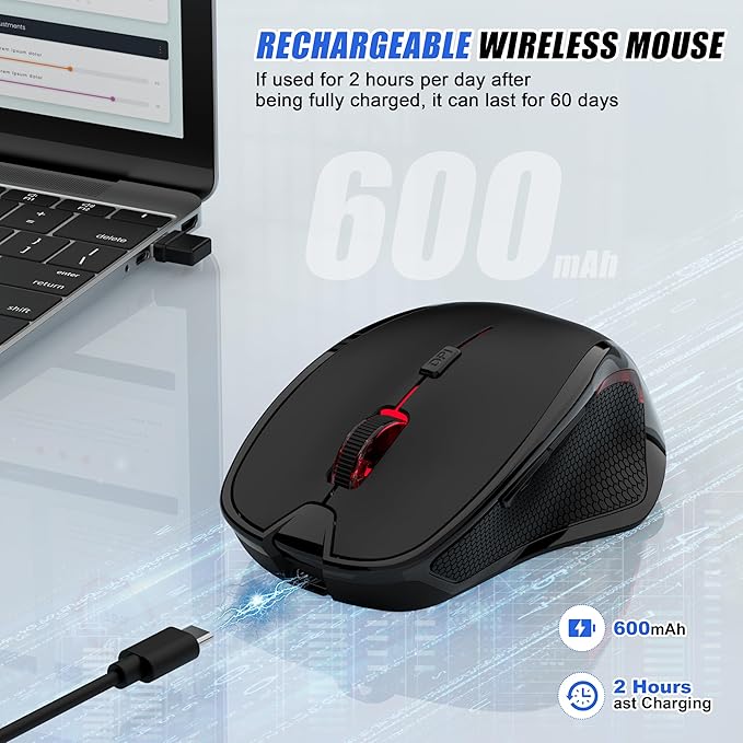 Wireless Bluetooth Mouse for Mac Pro MacBook Air, Rechargeable Mice with Jiggler Mouse, 3 Mode Switch Bluetooth 5.2/3.0 & 2.4G USB-A/USB-C Receiver, Optical Silent Mouse for iPad PC Laptop, Black