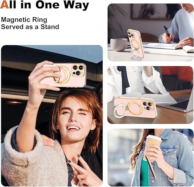 Compatible with iPhone 12 Pro Case with Magnetic Ring Stand [Compatible with Mag-Safe] [Full Camera Lens Protector] Soft Plating Phone Case for iPhone 12 Pro 6.1", Solid Pink