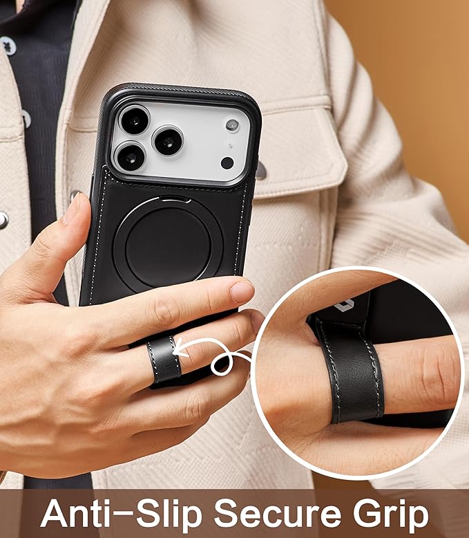 Butaiga for iPhone 17 Pro Leather Case with Stand, Anti-Slip Grip Ring, Fits for MagSafe (Black, iPhone 17 Pro)