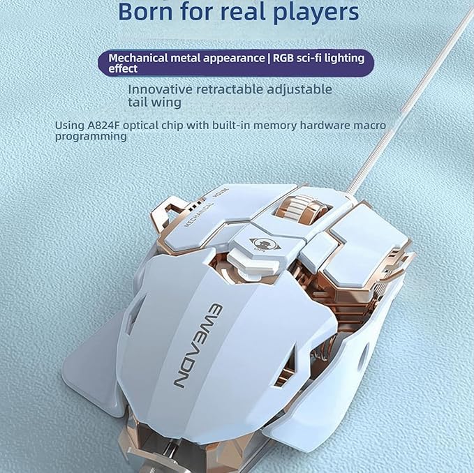 Professional Gaming Mouse, 12800 dpi, Optical Chip A824F, 9 Programmable Keys, Aluminum Alloy Chassis, Magnetic Braided Cable, White