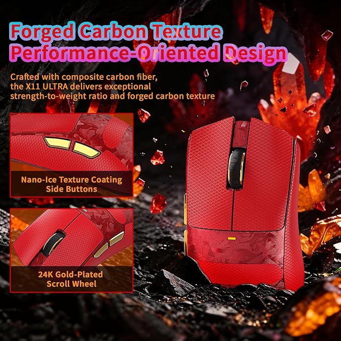 ATTACK SHARK X11Ultra 8K Carbon Fiber Wireless Gaming Mouse,Nordic 54L15 MCU,PAW3950MAX Sensor,59g Superlight,42000 DPI,BT/2.4Ghz/Wired Mouse with 100 Million Clicks,Programmable for Pc/Mac,Red pro