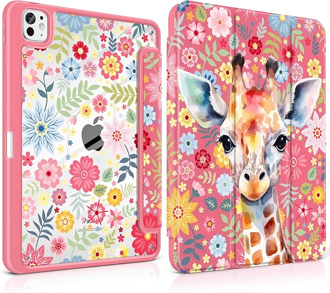Case for iPad Pro 13 inch (M5) 2025 (M4) 2024 Release Slim Lightweight Cute Hot Pink Cover with Clear Back TPU Edge Pencil Holder Trifold Stand, Giraffe