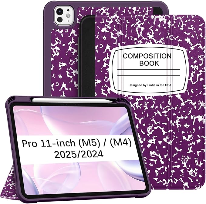 Fintie SlimShell Case for iPad Pro 11-inch (M5) 2025 / (M4) 2024 - [Built-in Pencil Holder] Soft Flexible TPU Protective Stand Back Cover, Composition Book Purple