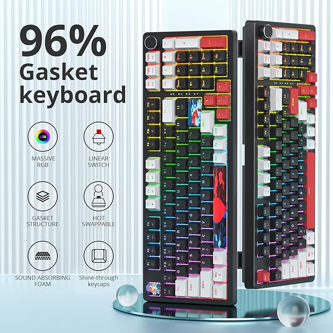 Surmen Creamy Keyboard with Number Pad, 96% RGB Mechanical, Full Gasket Mounted, Hot Swappable, Custom Wired Thocky Keyboard with Knob for Office Gamers (Black)
