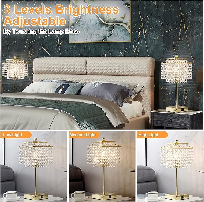 Luvkczc Set of 2 USB Bedside Crystal Table Lamp Gold, Touch Control Lamp, Dimmable Lamp with Crystal Shade for Bedroom, Living Room, 6W LED Bulb Included