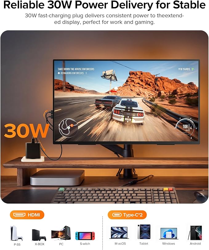 Portable Monitor 24” 144Hz 1080P, 145% sRGB QLED Gaming Monitor, 0.1MS FreeSync, 450Nits Laptop Monitor, USB-C & HDMI, VESA & Stand, Large Second Screen for Laptop, Computer, Mini PC, Game Consoles