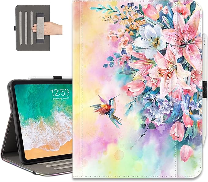 Vimorco for iPad Pro 13 Inch Case M5/M4 2025/2024, Flower for iPad 13 Pro Case M5/M4 for Girls Women, Pu Leather Protective Adjustable Stand, Hand Strap, Pocket, Pencil Holder, Hummingbirds & Flowers