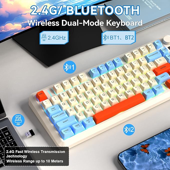 ZIYOU LANG M75 Wireless Gaming Keyboard, RGB Backlit Rechargeable 2000mAh Battery, Small Membrane But Mechanical Feel Keyboard with Smart Display & Knob, PBT Gradient keycaps for PC, MAC - Blueberry