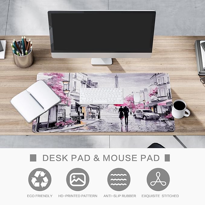 Lokigo Paris Eiffel Tower Desk Pad,Mouse Pad,Romantic Vintage Gray Pink Large Desk Mat for Girls Women, Laptop Writing Mat for Office Work/Home/Decor, Pink, 31.5"x11.8"