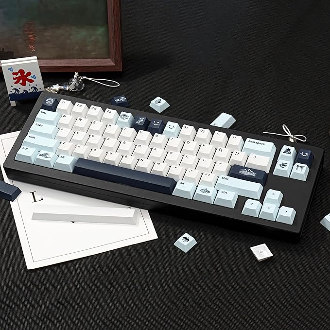 Custom Blue PBT Keycaps 134Keys - Cherry Profile Dye-Sublimation Japanese Style Keycaps Minimalist Cute Keycap Set Cherry MX Switches Mechanical Gaming Keyboard 60% 75% 100%