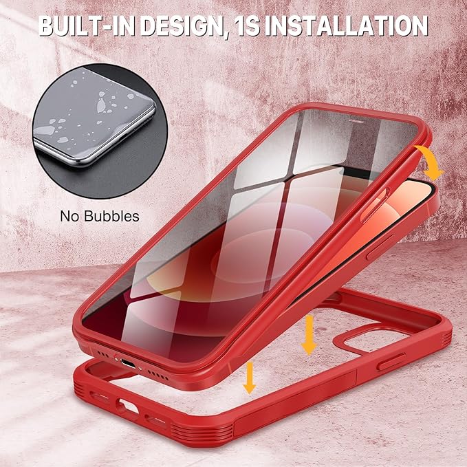 CENHUFO Privacy for iPhone 12 Case/iPhone 12 Pro Case, Full Body Phone Case with Built-in 9H Tempered Glass Privacy Screen Protector and Camera Lens Protector, Shockproof Bumper Clear Cover -Red