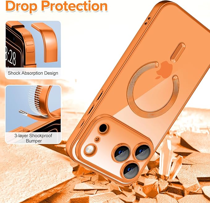 Hython Magnetic Clear for iPhone 17 Pro Max Case with Camera Lens Protector [Compatible with MagSafe] Plating Edge Slim Soft TPU Cover Protective Phone Case for iPhone 17 Pro Max 6.9", Matte Orange