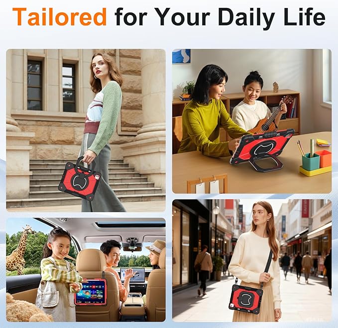 Case for iPad Pro 13 Inch M5 2025 / M4 2024, Auorld for iPad Pro 13 Inch M5 2025 with Screen Protector, 360 Degree Rotating Stand Shoulder Strap Pencil Holder, Black Red