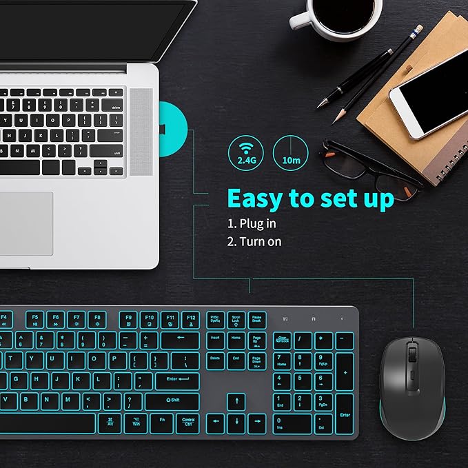POWZAN Backlit Wireless Keyboard and Mouse Combo, Rechargeable Quiet 2.4G Cordless USB Slim Full Size for Apple iMac, MacBook, laptop and PC, Space Gray