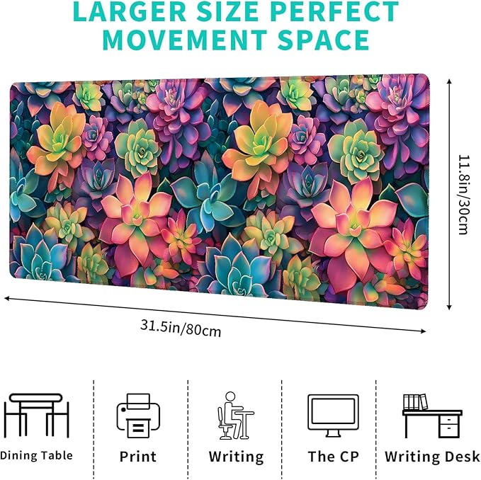Colorful Succulent Pattern Gaming Mouse Pad – 12x31.5in Non-slip Rubber Desk Mat with Vibrant Plant Design – Large Extended Mousepad for Office Home – Deskmat Gifts for Nature Plant Lover Decor