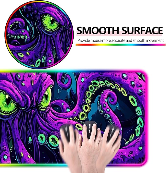 RGB Octopus Monster Gaming Desk Mat, Computer Keyboard Large Extended Cool Neon Animal LED Mouse Pad for Office and Home, 31.5×11.8 Inches, XL