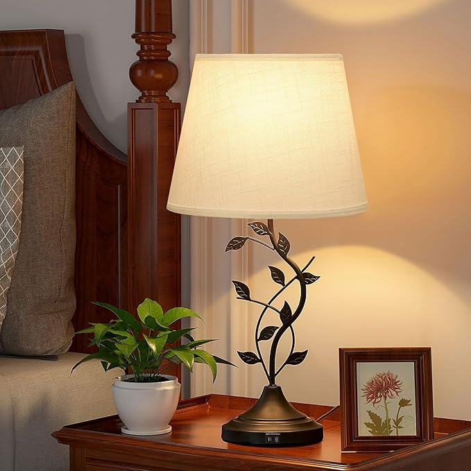 Kakanuo Table Lamp for Bedside, Lamp for Living Room with USB-A and USB-C Charging Ports, Traditional Tall Bedroom Lamp for End Table
