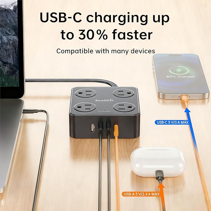 12 in 1 Power Strip Extension Cords with Multiple Outlets, 8 Outlets & 4 USB Ports Extension Cord, Flat Plug Compact Charging Station