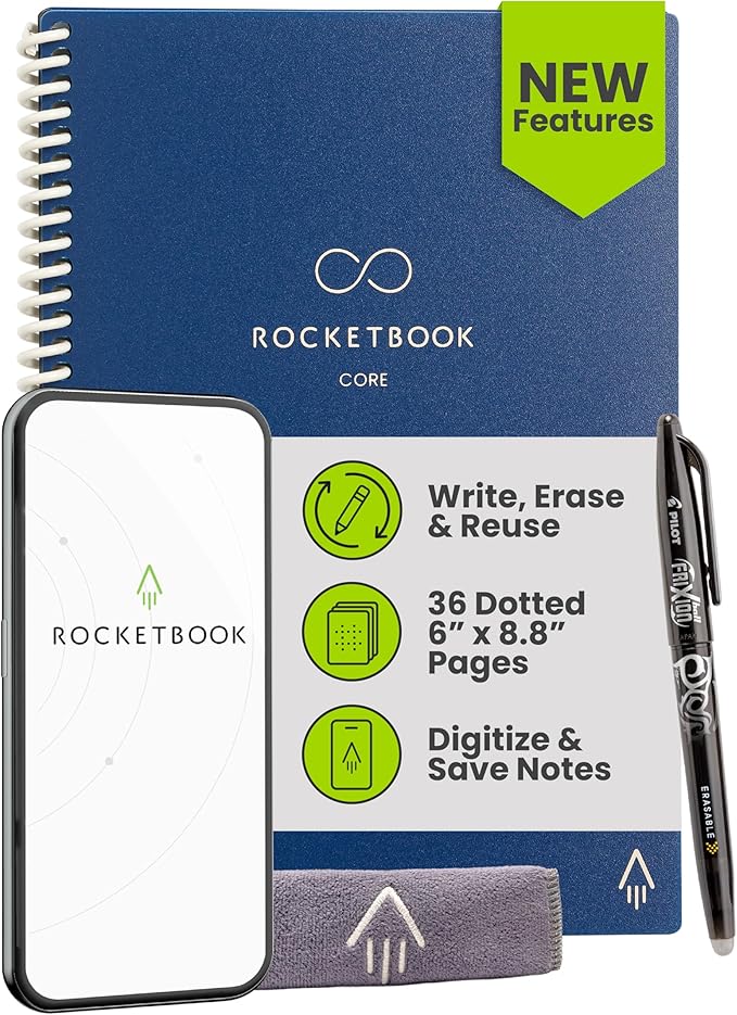 Rocketbook Core Reusable Smart Notebook, Dot Grid Pages For School, Work and Creative Projects, Executive Size 6x8.8, Blue - Premium