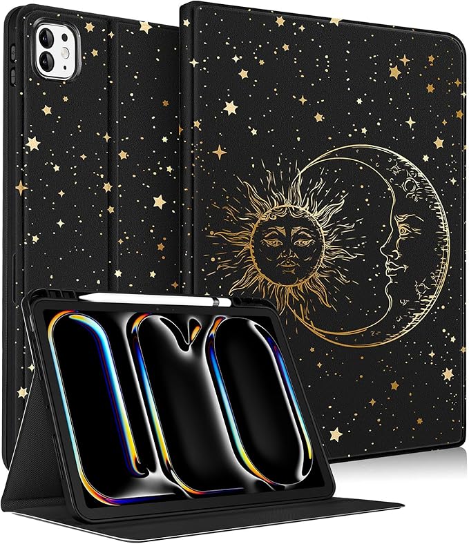 Uppuppy for iPad Pro 13 Inch Case 2024 - Women Girls Cute Folio Smart Cover with Pencil Holder Sun Moon Star Black Girly Pretty Unique for iPad Pro M4 13 Inch Cases A2925 A2926 A3007