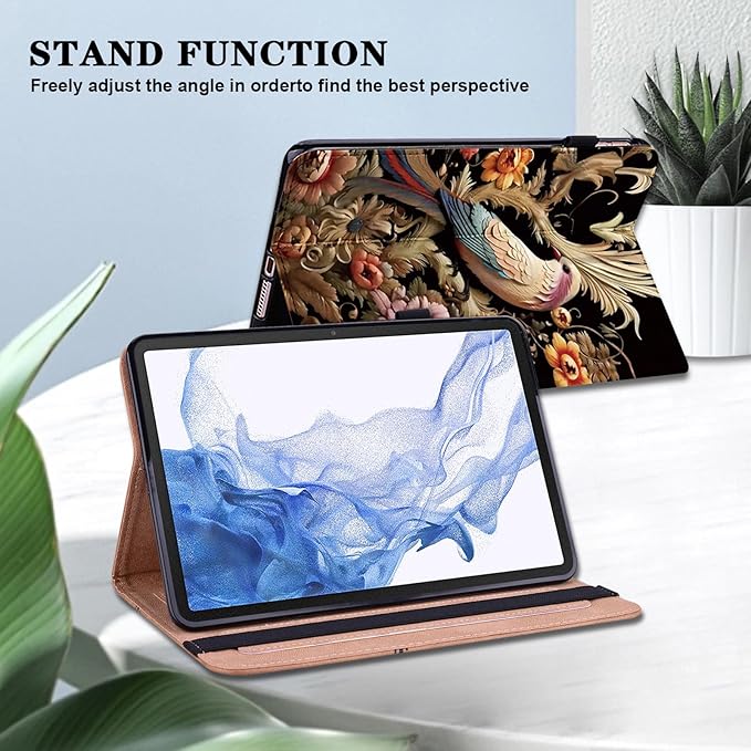 for iPad 10th Generation Case - 10.9 Inch 2022, PU Leather Shockproof Slim Case with Pencil Holder Elastic Strap Cover - Flower Birds