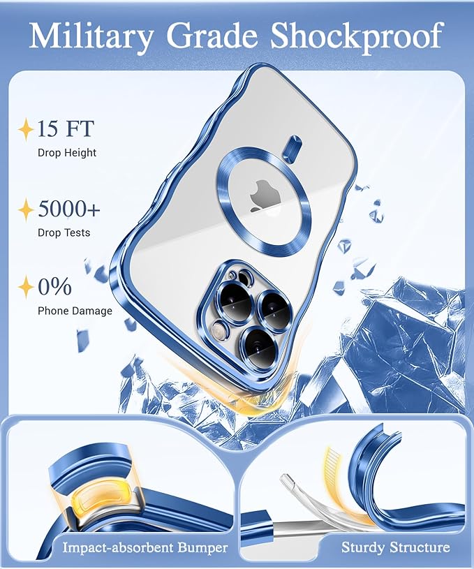 GVIEWIN for iPhone 16 Pro Max Case Compatible with MagSafe, Upgraded [Full Camera Protection][Cute Wave Frame][Military Grade Protection] Electroplated Soft Phone Cover for Women, Clear/Light Blue