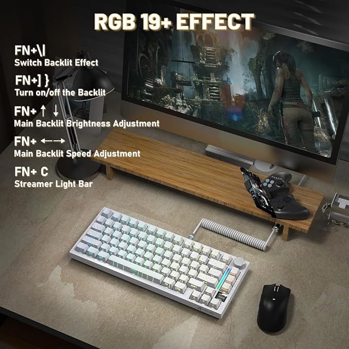 Attack Shark X820Ultra Wireless 75% Mechanical Gaming Keyboard with Screen & Knob Hot Swap 2.4GHz/BT/Wired RGB Backlit Gasket Mount Side Print PBT Keycap QMK Web Driver Shark Switch-White Contour