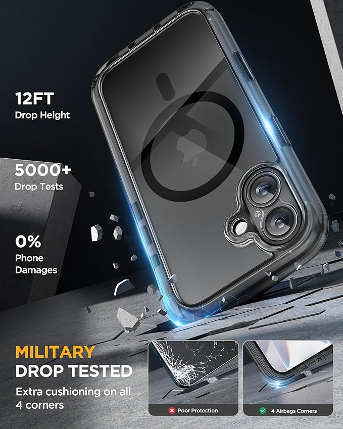 Miracase for iPhone 17 Case 6.3'', Full-Body Bumper Military Drop Protection Outdoor Phone case with Built-in Glass Screen &Camera Control,Easy Installation,No Gap,Compatible with MagSafe,Clear Black