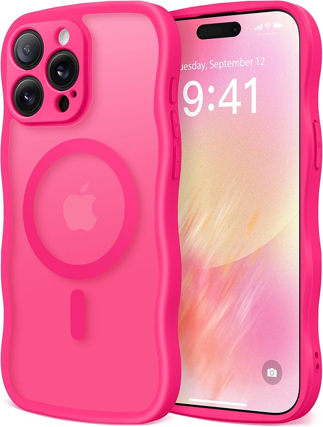 CAPRARO Cute for iPhone 14 Pro Max Case, Compatible with MagSafe, [Curly Wave Edge] [Full Camera Protection] [14 FT Drop Protection] Magnetic Phone Case for 14 Pro Max 6.7 Inch, Hot Pink