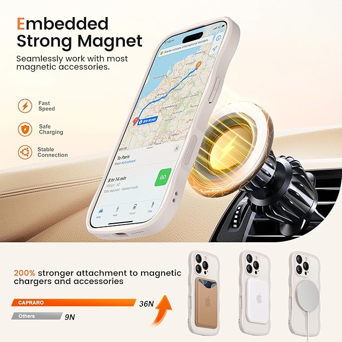 CAPRARO for iPhone 16 Pro Case with 360° Spin Magnetic Stand for Women, [Compatible with MagSafe] [Full Camera Protection] Cute Wave Translucent Matte Case for iPhone 16 Pro, Stone